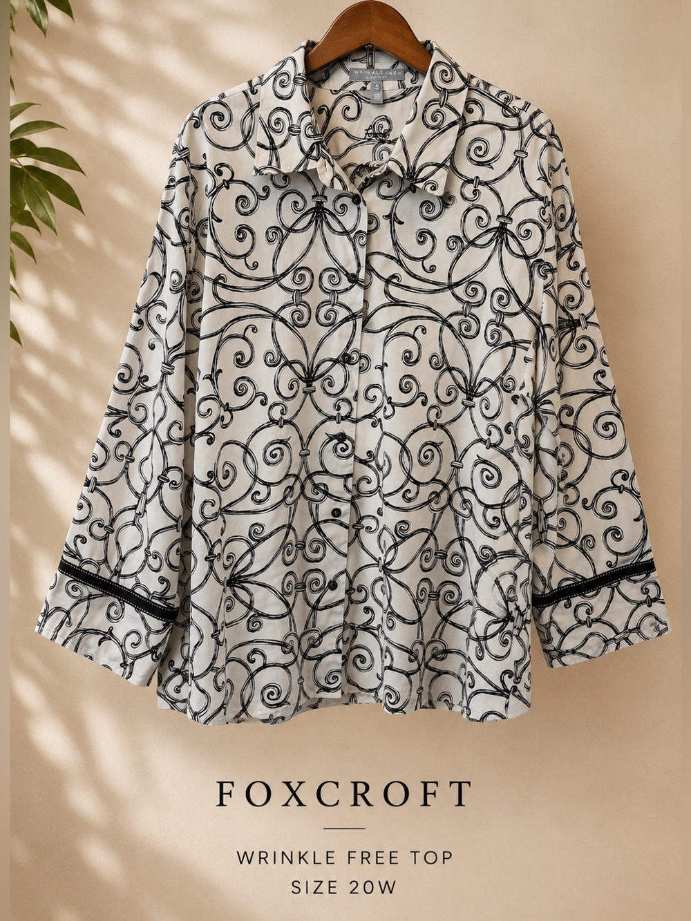 Foxcroft Wrinkle Free Scroll Print Blouse 20W Black White Career Chic Plus Size